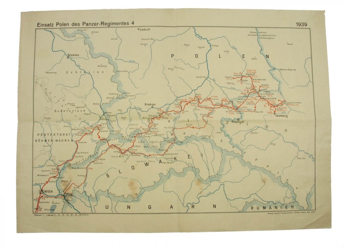 MAP OF 4TH GERMAN PANZER REGIMENT ROUTH IN POLAND 1939: German map showing the combat route of the German 4th Armored Regiment during the 1939 campaign in Poland. Map printed in Vienna on the basis of the German staff map, scale 1: 1,500,000. Dimensions 50