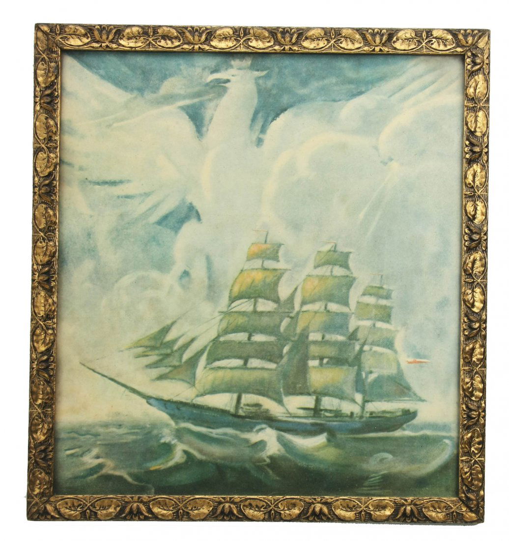 POLISH SHIP AND EAGLE PICTURE BEFORE WWII: The picture was produced in the 1930s by Zakłady Artystyczne Kultura in Włocławek. The manufacturer's stamp is on the reverse. The picture shows the Polish sailing ship Dar Pomorza agai