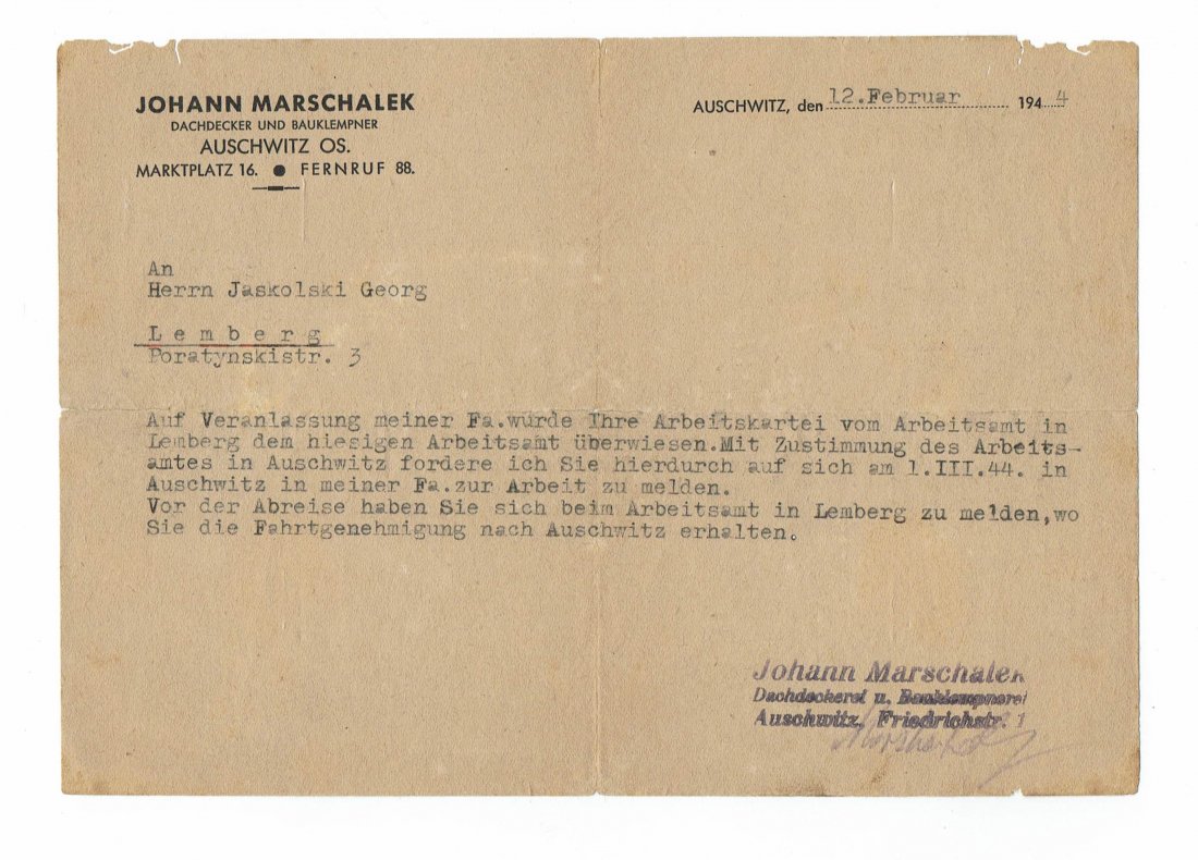 LETTER SENT TO WORKER BY COMPANY IN AUSCHWITZ 1944 (1 of 2)