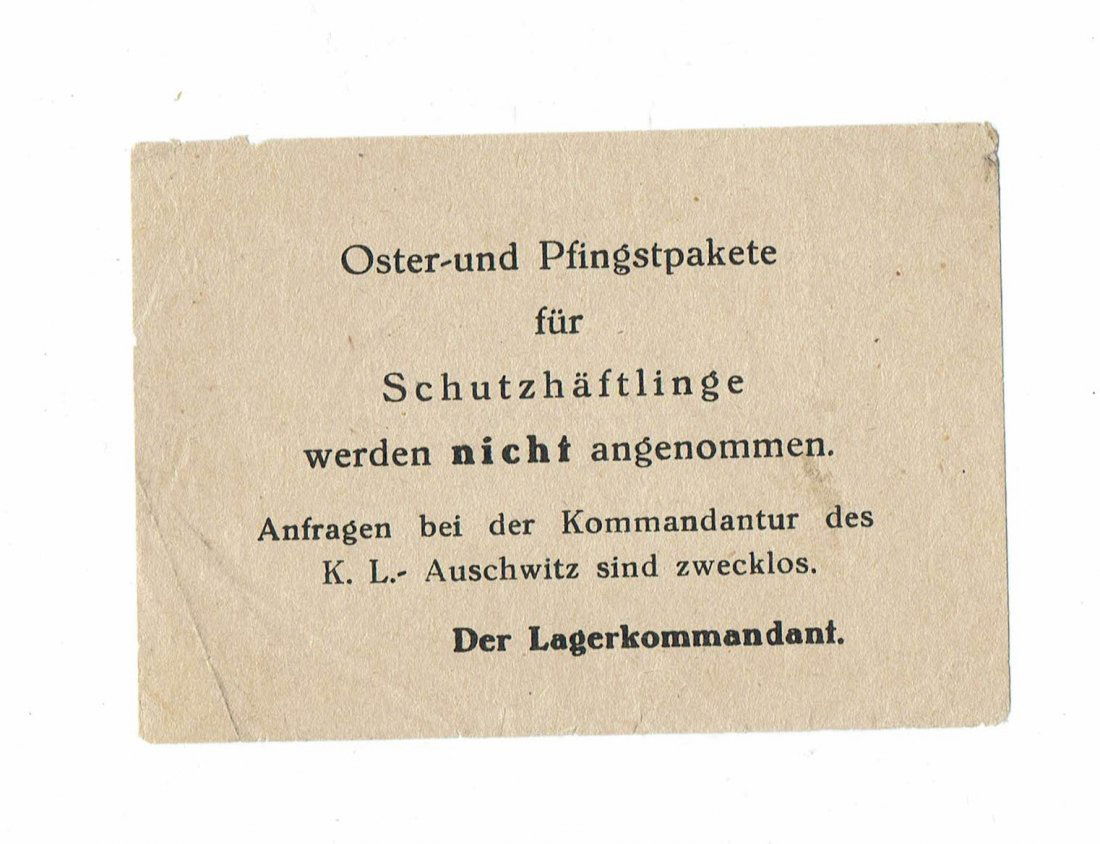 KL AUSCHWITZ FLYER - BANNED RECEIVING EASTER PARCELS (1 of 2)