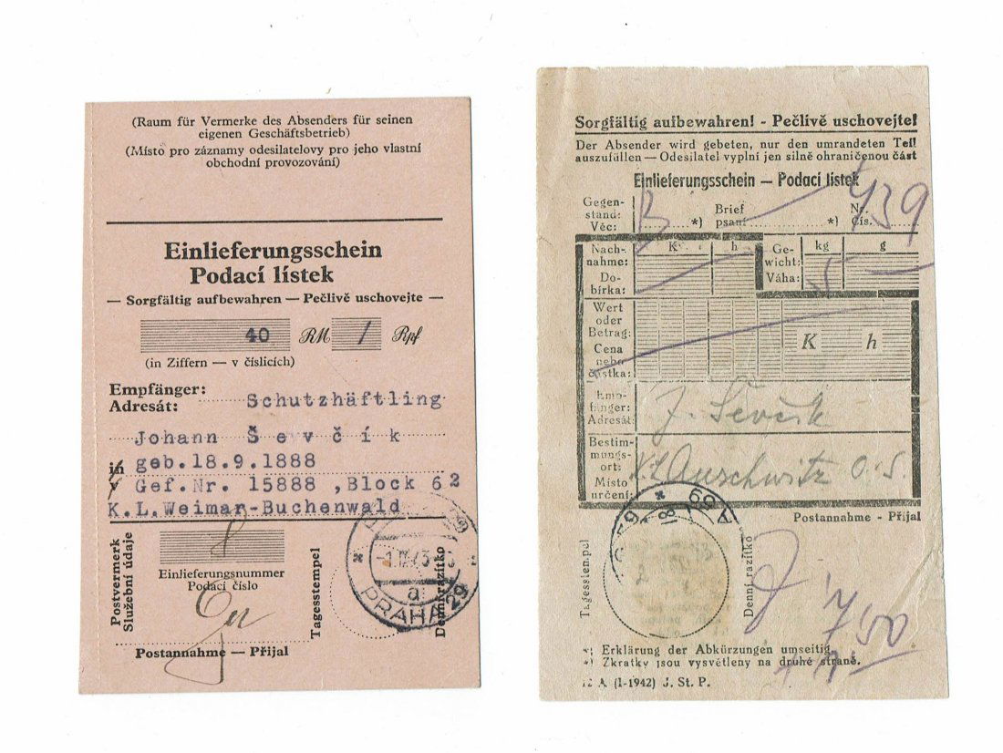 KL AUSCHWITZ AND KL BUCHENWALD MONEY AND PERCEL ORDERS (1 of 2)