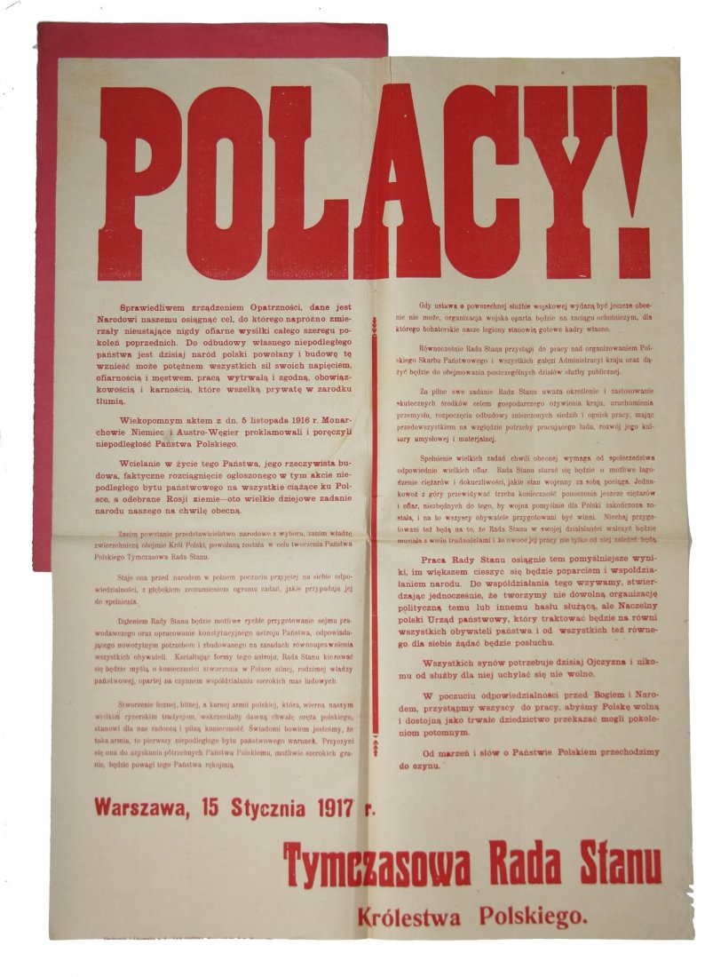 APPEAL TO POLES POSTER 1917 POLAND RARE!: Polish poster from 1917. An appeal addressed to Poles informing about the creation of the Provisional Council of State of the Kingdom of Poland (temporary government in Poland occupied by the retreati
