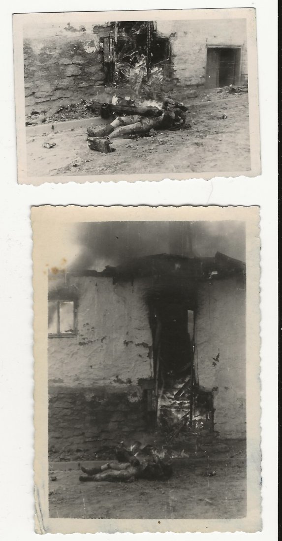 HOLOCAUST - 2 GRAPHIC PHOTOS JEW BURNT IN UKRAINE 1941: Two very graphic photos of an Ukrainian Jew killed and burned in 1941. We can see the corpse of this Jew still burning by the door of his small home. These 2 photos depict the horrors of the war and t