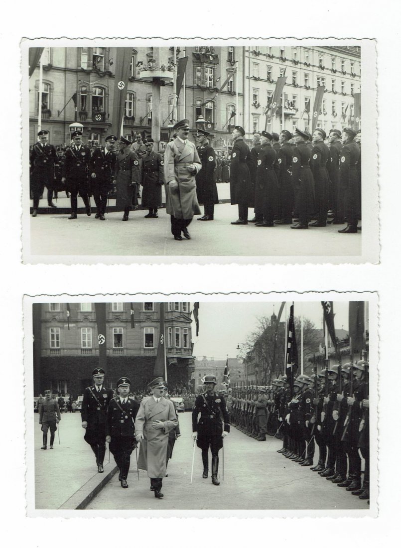 2 PRIVATE TAKEN PHOTOS OF HITLER AND HIMMLER IN PARADE: 2 private taken photos of Adolf Hitler , Heinrich Himmler and Karl Wolff in a military parade in Innsbruck greeting the troops. Postcard size with photographer ink stamp.
