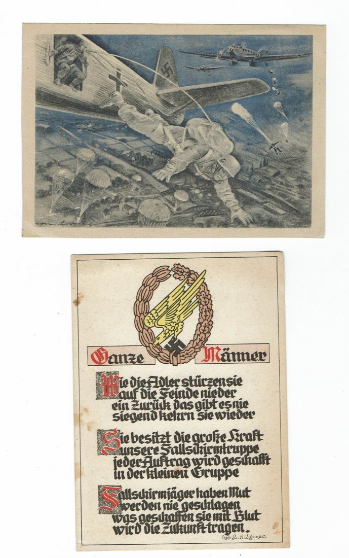 2 PROPAGANDA POSTCARDS RELATED TO LW FALLSCHIRMJAEGER: 2 very nice propaganda postcards of the III Reich period related to the Luftwaffe Fallschirmjäger or paratroopers. One of them shows a drawing where we see some paratroopers jumping off a german plan