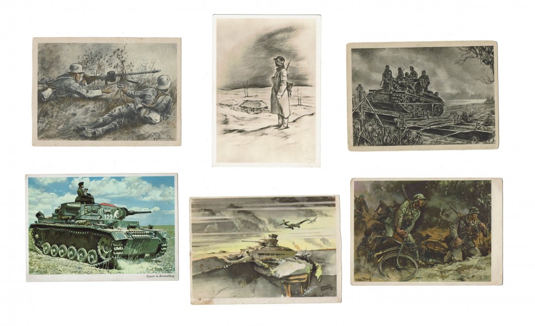 SET OF 6 NICE PORPAGANDA POSTCARDS WITH PROMILITARY: 6 different propaganda postcards published by Nazi propaganda company, where several war situations and vehicles are depicted with very nice drawings: panzer, bicycles, comrades of the Wehrmacht firin