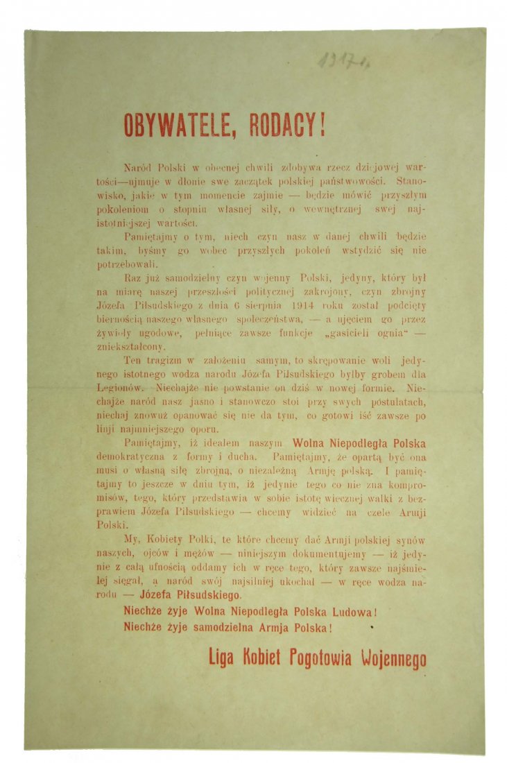 WOMEN MILITARY SERVICE LEAFLET 1917: Leaflet of the Polish League of Women of the Military Service from 1917, addressed to Polish society in support of Józef Pilsudski, the founder of the Polish Legions Dimensions 23 x 15 cm.
