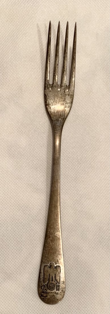 ADOLF HITLER SILVER FORK INFORMAL PATTERN: Adolf Hitler Informal Berghof Pattern Fork. Adolf Hitler's personal cutlery mark with eagle and AH initials in relief. Very nice piece. 800 Sterling Silver made spoon with maker mark.