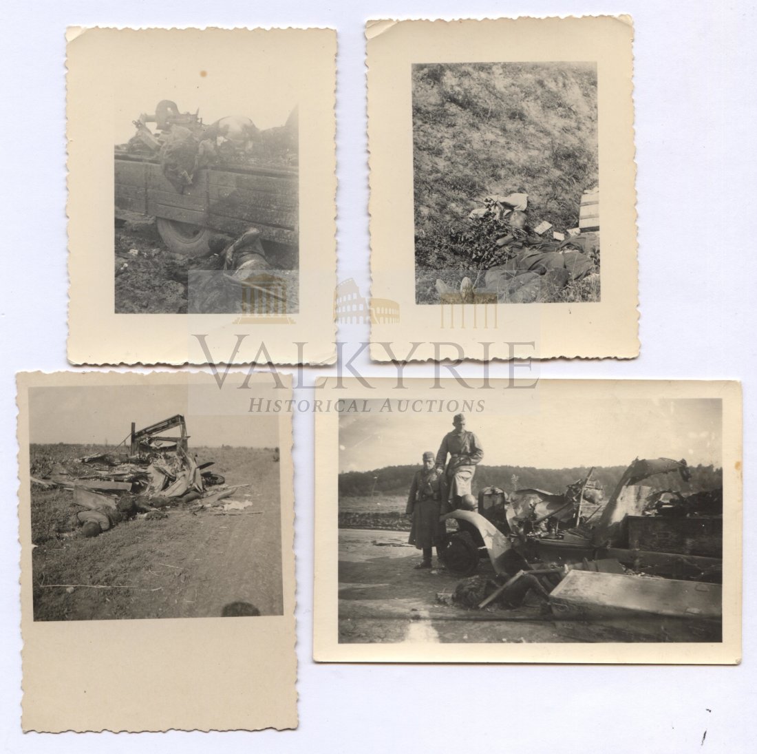 Set of 4 Photos Showing KIA Soldiers During WW2: Set of 4 photos showing different killed in action soldiers, it seems that they are russian, lying by destroyed vehicles. In one of the photos we can see a couple of SS soldiers posing. Photos are Agf
