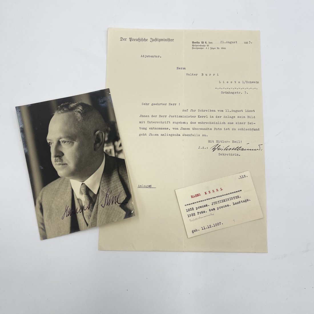 Hanns Kerrl Signed Photo with Letter - NSDAP: Hanns Kerrl signed photo. Comes with a letter from a secretary stating the photo is for an admirer named Walter Burri. (11 December 1887 – 14 December 1941) was a German Nazi politician. His most pr