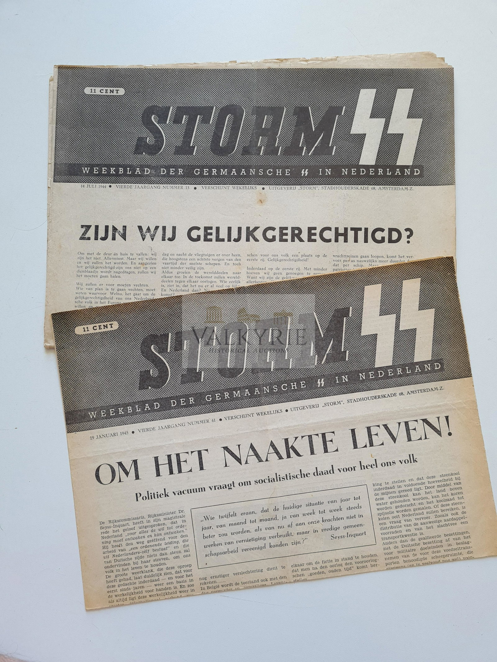 2 Numbers of the Dutch SS Newspaper Storm SS 1944 /1945: 2 numbers from 1944 and 1945 of the Dutch organ newspaper of the German SS in the Netherlands "Storm SS". Both are written in Dutch and are in very good condition.These are 2 original copies of the ne