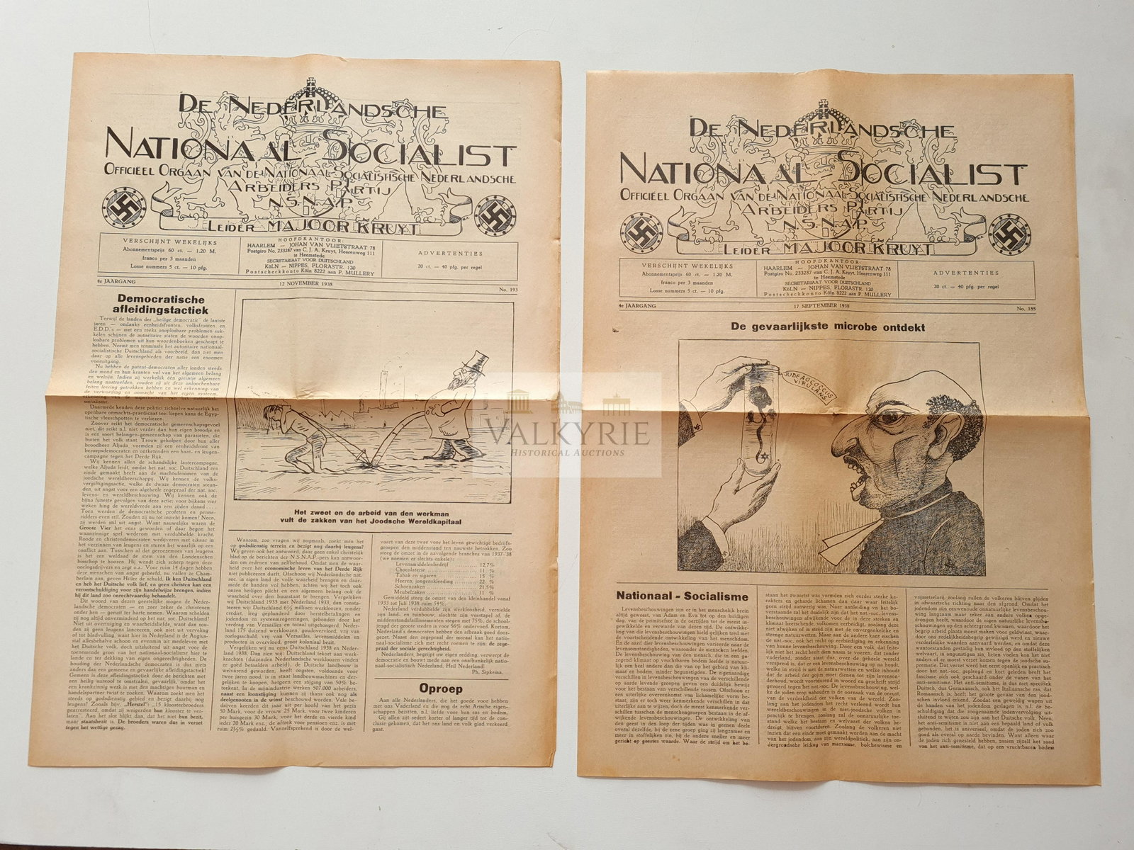 2 Issues of the Dutch NSDAP Organ Tabloid From 1938: 2 Numbers of the Dutch Nazi party organ tabloid in the Netherlands published in 1938 called "De Nederlandsche Nationaal Socialist". This was the official Dutch NSDAP newspaper fully published in Dutch