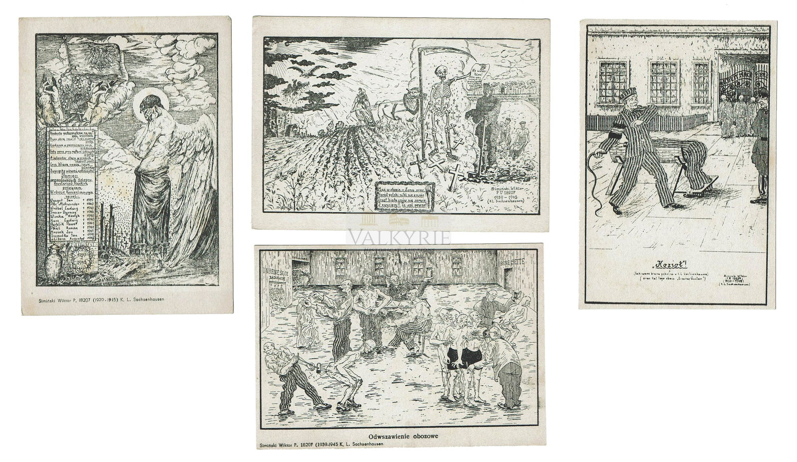 KL Sachsenhausen - 4 Postcards Artist Wiktor Siminski: 4 postcards published in Poland with some of the famous drawings done by former KL Sachsenhausen prisoner Wiktor Siminski, later a reputed artist from Poland. A series of drawings were done about the
