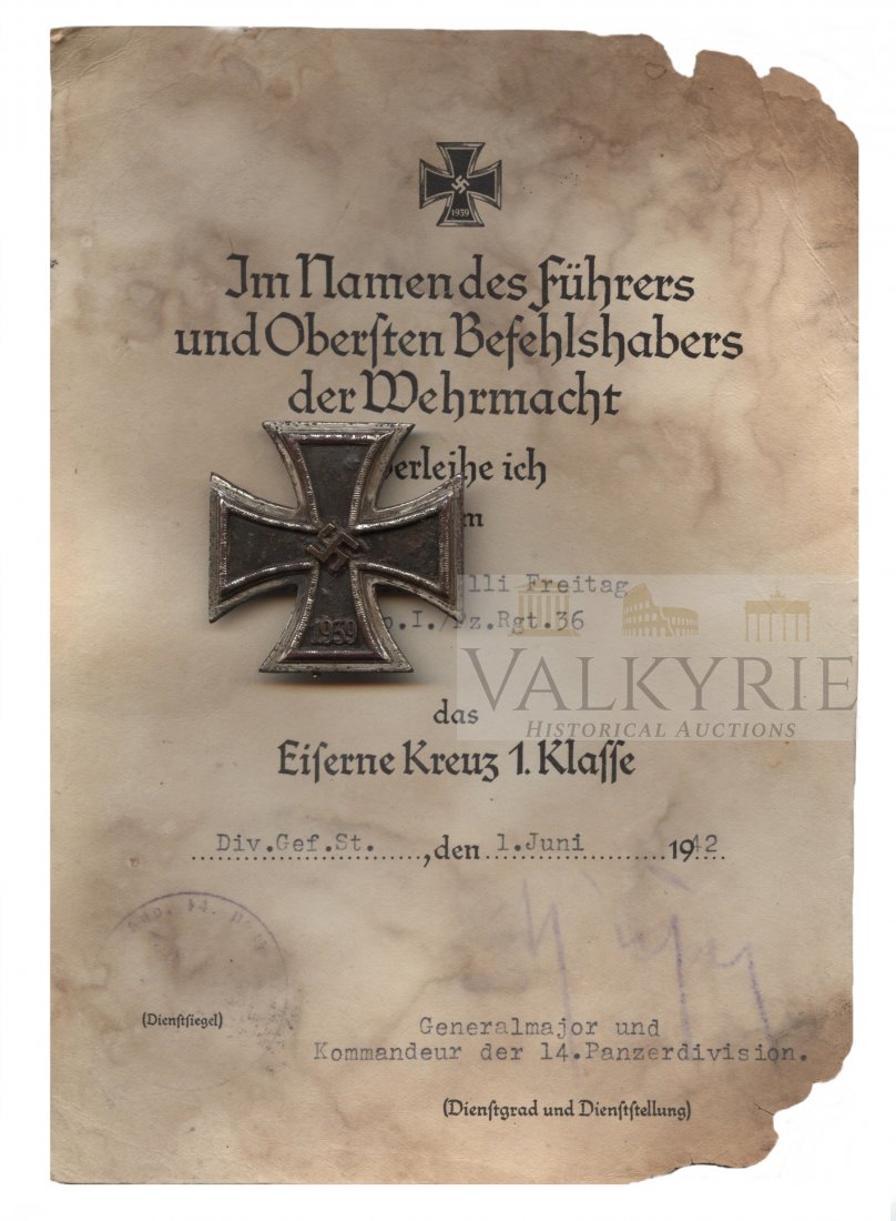 Iron Cross 1st Class + Award Document Pz.Rgt.36: Iron Cross 1st Class + Award Document Pz.Rgt.36 - Original signature of the commander: Generalmajor und Kommandeur der 14.Panzerdivision (Major general and commander of the 14th Armored Division - Gen