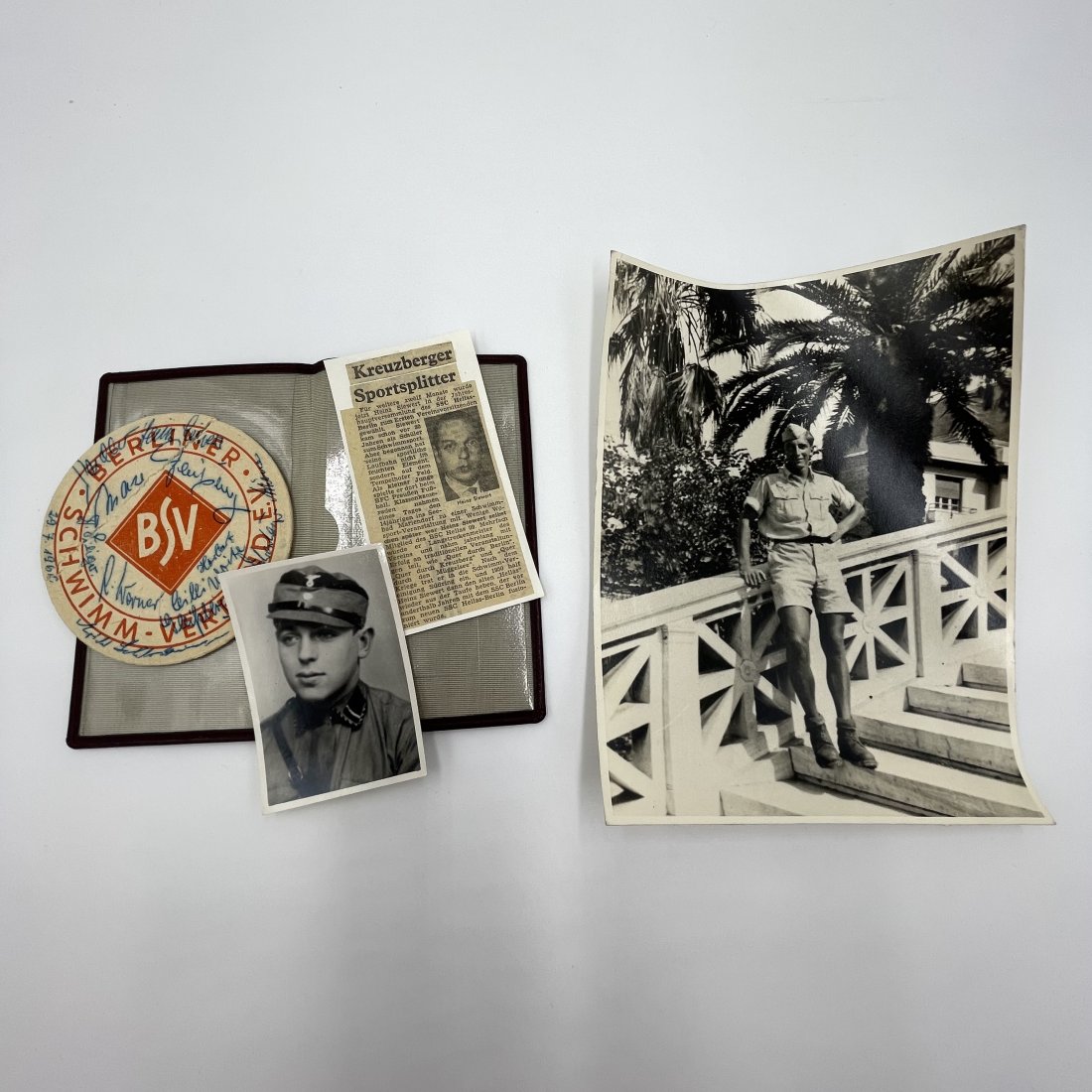 Third Reich Photos, Newspaper Clip, Cardboard Coaster: Third Reich Photos, Newspaper Clip, Cardboard Coaster. We got these items all together but not sure if they are tied to eachother. Photos show a young man in an SA uniform, another photo shows an olde