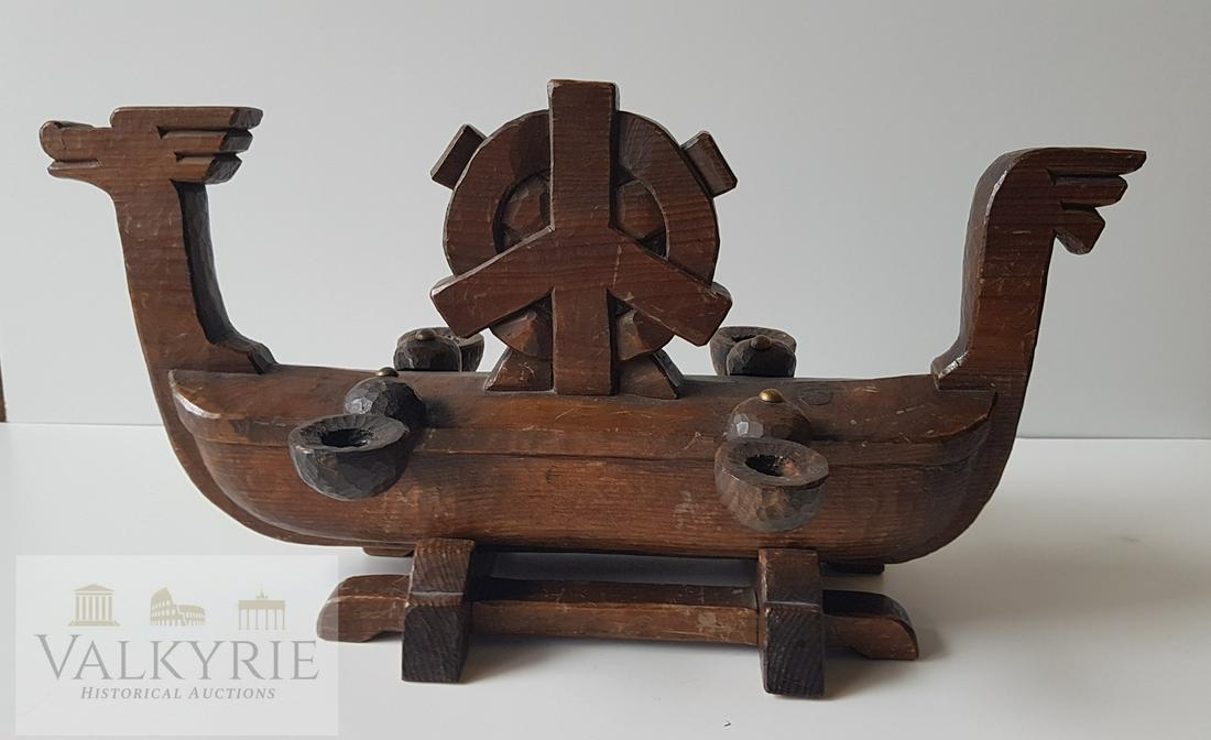 3 Reich SS Pagan Wooden Candlestick Holder Viking: Very beautiful Nazi era reservistika wooden made candlestick holder with life Algiz and death YR rune representing a Viking drakkar. It has place to hold 4 candles and it's done in 2 pieces: ship itse