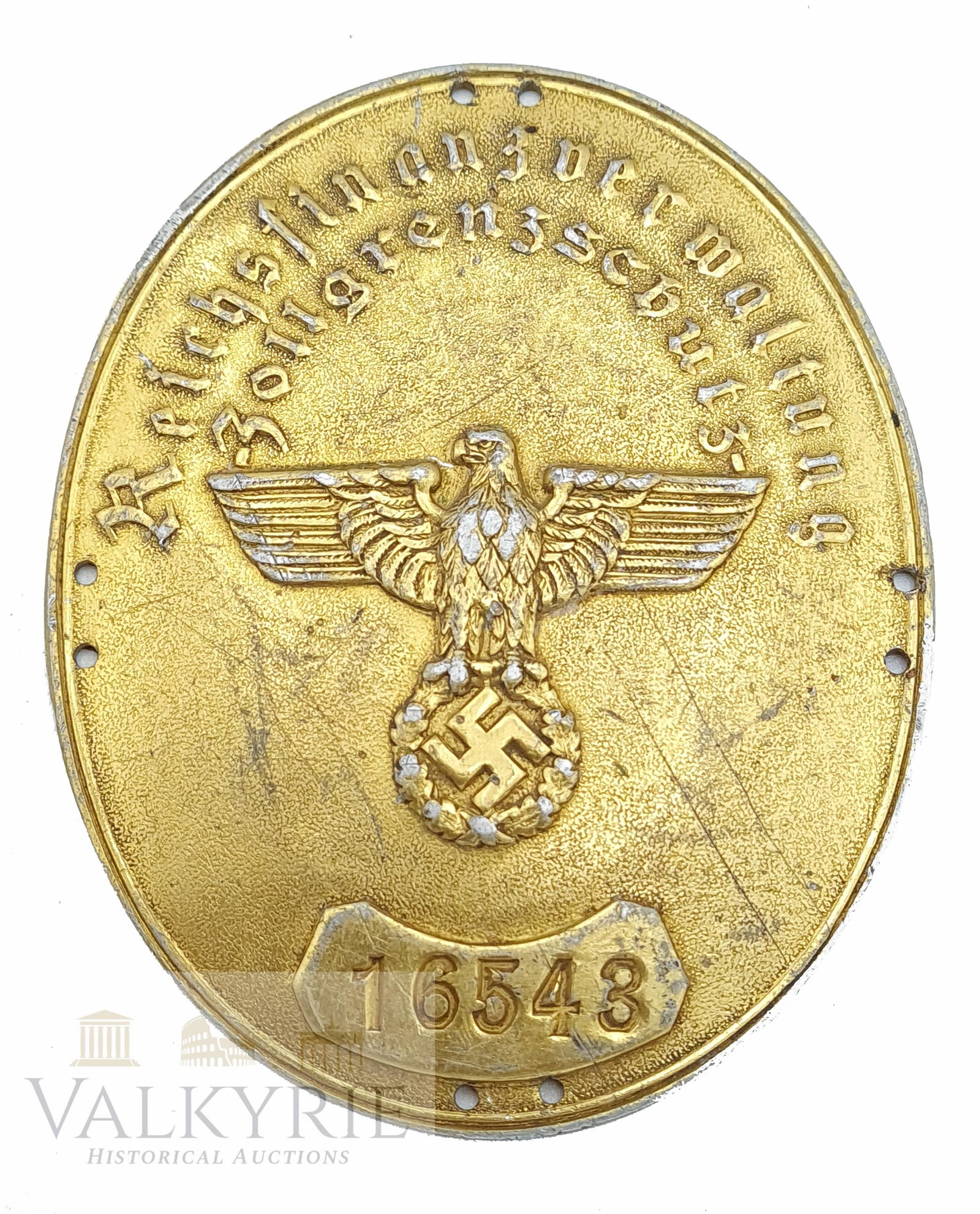 Border Customs Official's Sleeve Shield (Ärmelschild).: Border Customs Official's Sleeve Shield (Ärmelschild). Vertically oval, die struck, alloy construction sleeve shield with a gilt wash. The shield features an embossed, political style, national eagle