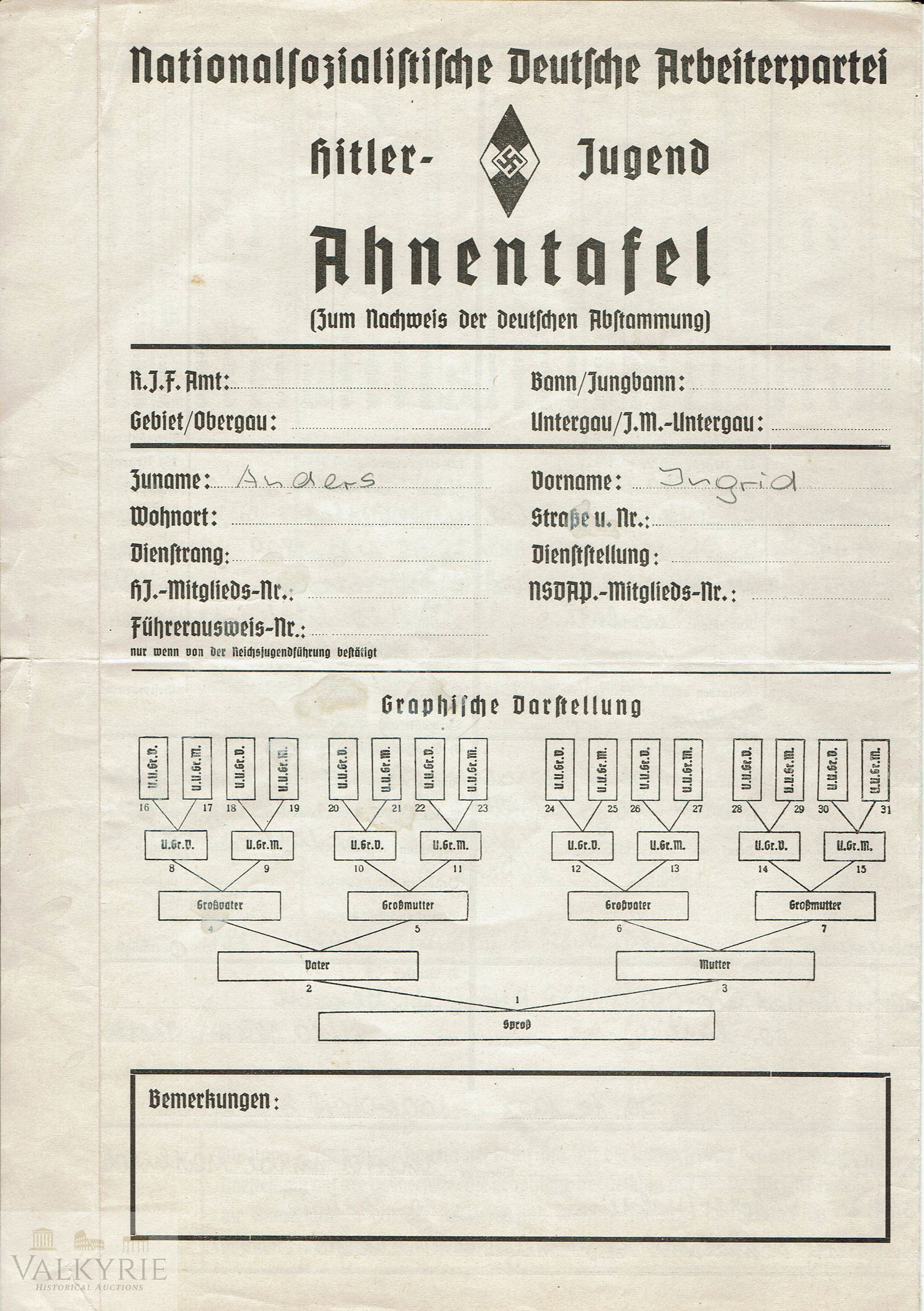 Rare Filled-in Hitler-Jugend Ahnentafel - Ancenstry: This is a rare Hitler-Jugend Ahnentafel, an original Third Reich chart necessary for any German wanting to prove German ancestry. It was filled out by a young woman named Ingrid Anders.Anders, born on