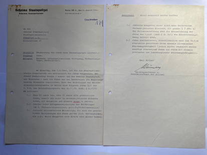 Heinrich Mueller Signed Document - SS Gestapo: Incredible A4 double page document from the Gestapo Headquartersin Berlin and has been hand signed in ink by SS- Gruppenfuhrer andGeneralleutnant of Police Heinrich Muller.Signed Gestapo documents sig