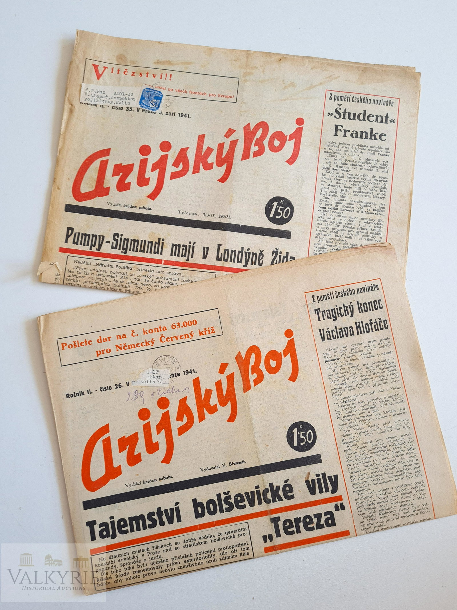 Czech Anti-Semitic Tabloid "Aryan Struggle" - 2 Numbers: 2 perfect condition issues of the Czech anti-Semitic tabloid "Arijsky Boj", published in 1941 both of them.Arijský boj ("Aryan Struggle") was a pro-Nazi Czech-language weekly tabloid newspaper publis