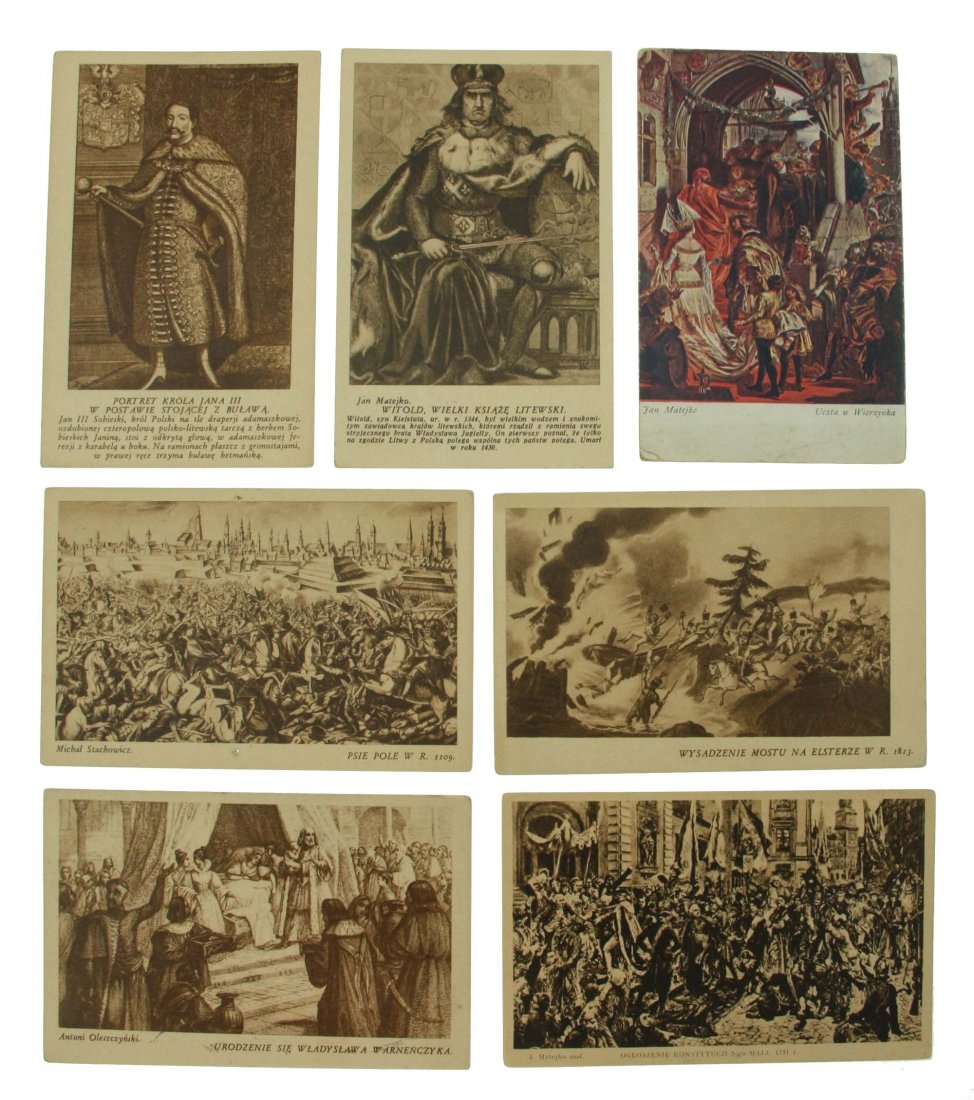 History of Poland on 70s Ancient Postcards: A set of 70 postcards published in Poland in the years 1900-1939. The postcards reproduce paintings by famous Polish painters. The paintings show people and famous events in the history of Poland. Sho