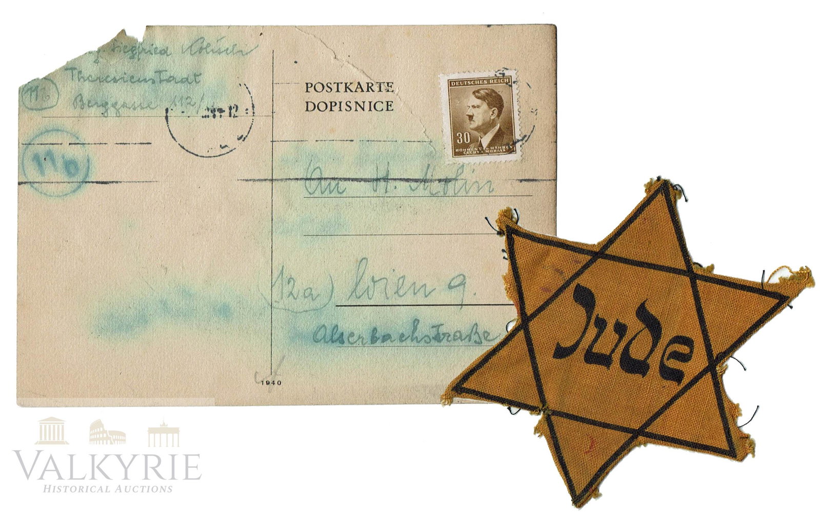 Set of Used Jude Star of David Named With Postcard: Very rare set that comprises an unstitched used condition JUDE star of David like those used in Czech Republic, Germany and Poland for identifying the Jews. This star belonged to a prisoner of KL Ther