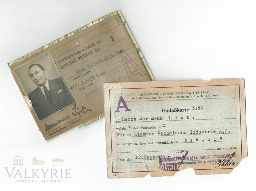 Set of 2 ID Cards to a Czech Engineer in Siemens 1944: Set of 2 ID cards issued to a Czech man called Hermann List, who was a graduated engineer. One of the cards is a Durchlasschein (Factory access card) for a factory of Electrotechna AG electrical compa