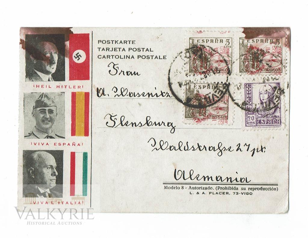 Spanish Patriotic Postcard Sent from Spain to Germany: Spanish patriotic postcard printed with the photos of Adolf Hitler, Francisco Franco and Benito Mussolini, during the Spanish Civil war to support the alliance of these 3 countries against communism i