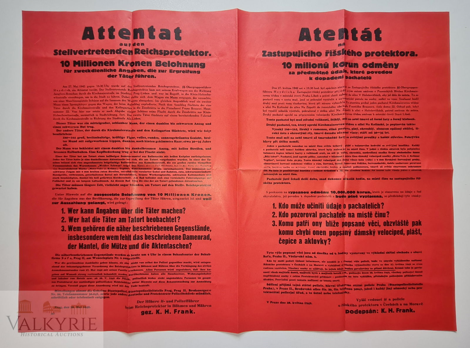 Notice Poster Terror Attack Against Reichsprotektor 43: Notice poster published in Czech and German in Protektorat Böhmen und Mähren regarding a terrorist attack against the representative of the Reichsprotektor Karl Hermann Frank that took place in 1943