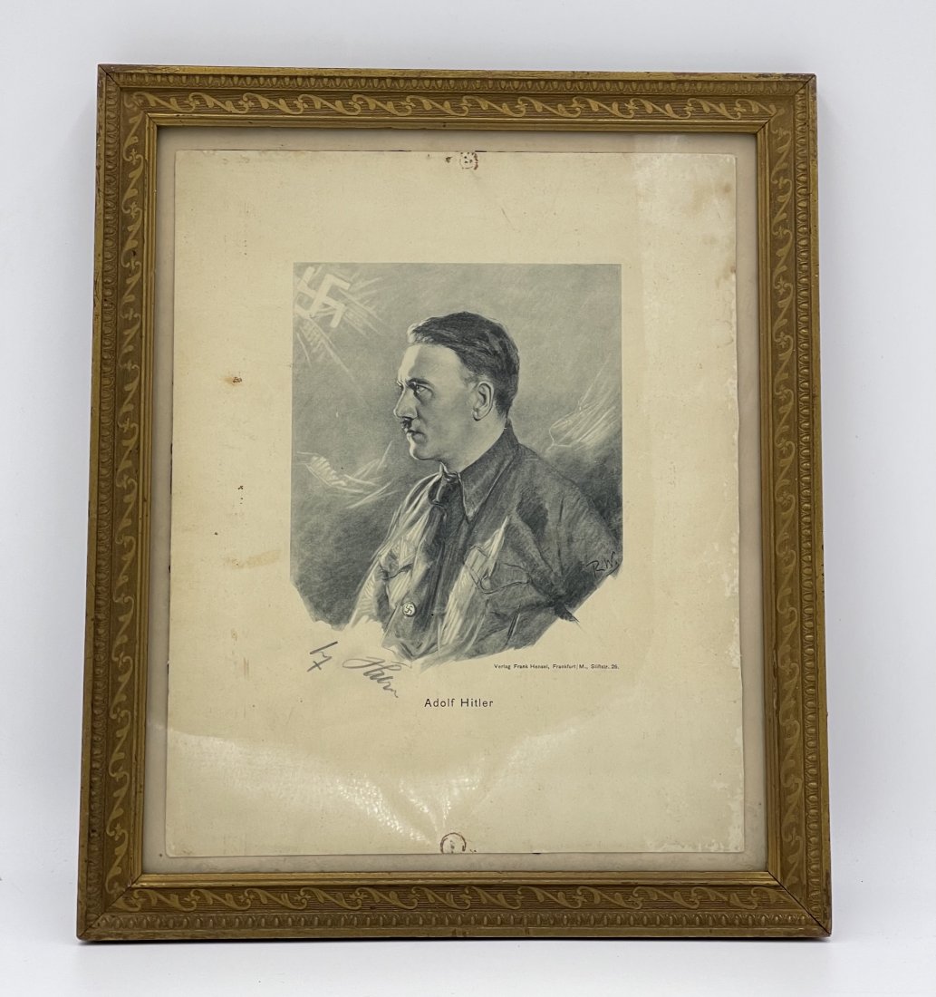 Adolf Hitler Signed Portrait Engraving in Period Frame: Large early framed AH portrait print - a steel engraving based on a drawing by RW - (possibly Rudolf Warnecke), signed by AH in pencil. On the reverse: \\\"AHÂ’s visit to Count Solms at Solms Castl
