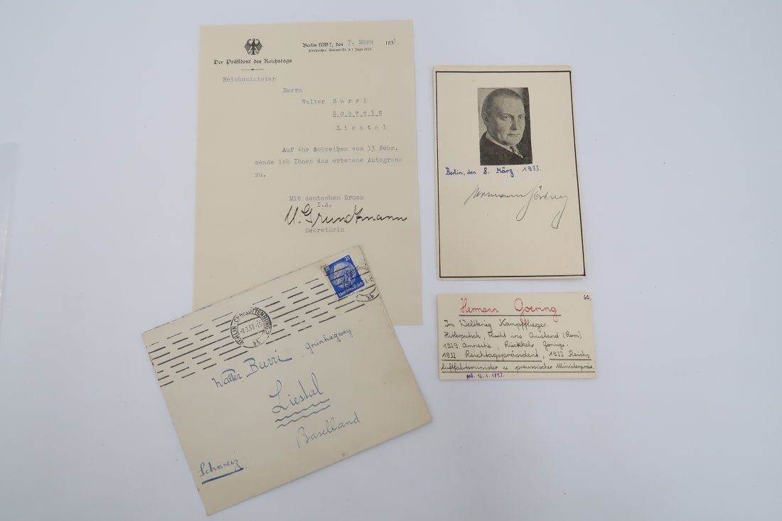 Hermann Goering Signed Photo Card with Envelope/ Letter: Original 1933 photo card, signed by Hermann Göring to an admirer (or just a collector of signatures) in Switzerland, sent together with a letter on his official stationary and signed by his secretary