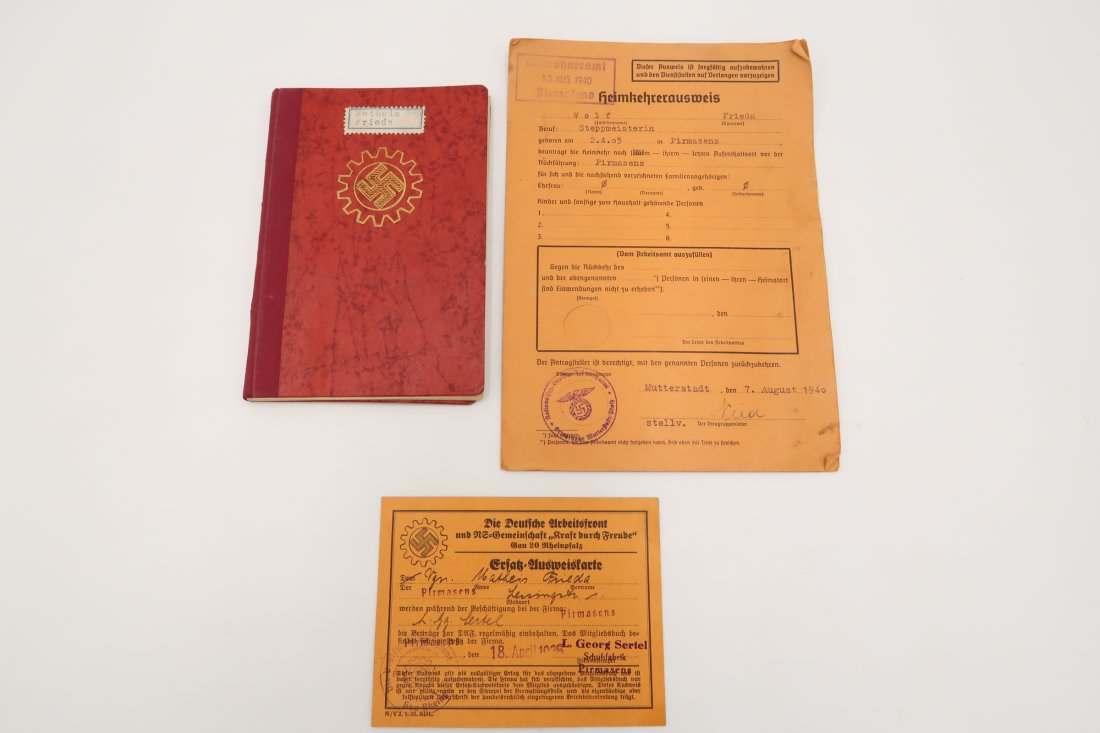 3 Reich IDs cards all issued to woman born in Pirmasens: Third Reich ID cards / ID cards all issued to a woman born in Pirmasens:1) German Labor Front ID with confirmation stamps from April 1936 to August 1944.2) German labor front replacement ID card, issu