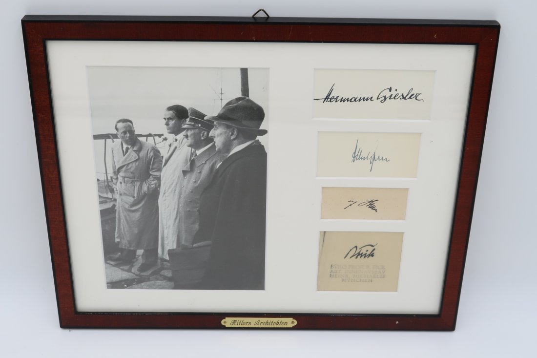 Adolf Hitler Signature Display + Architect Signatures: The clipped ink signatures of Adolf Hitler and his architects in a framed display. The signatures include Hermann Giesler, Albert Speer, Adolf Hitler, and Roderich Fick. These men all worked for Hitle