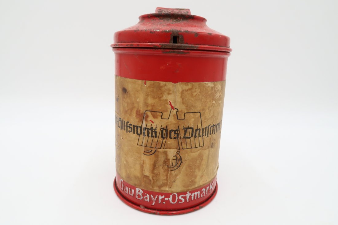 3 Reich Donation Can - Winterhilfswerk - Bayer Ostmark: 3 Reich period original and used condtion donation can of the Winterhilfswerk (WHW), the Winter Relief of the German People organisation. It's complete and it was used in the Gau Bayer Ostmark . The W