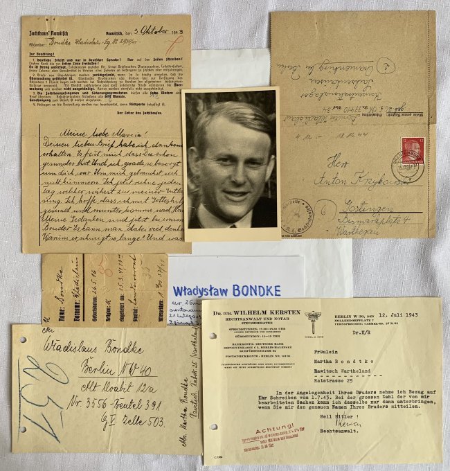 Prisoner of five prison and KL Sachsenhausen set: Wladyslaw Bondke, born on May 26, 1916.Arrested in May 1940 and then in February 1941He was in prisons Lissa II, Wronki Warthenstadt, Polizei Gefangnis Posen, Berlin Alt Moabit, Rawitsch Zuchthaus Raw