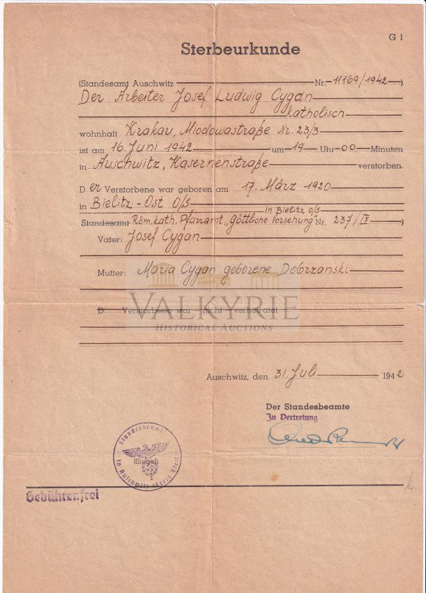 KL Auschwitz Death certificate 1942 (1 of 2)