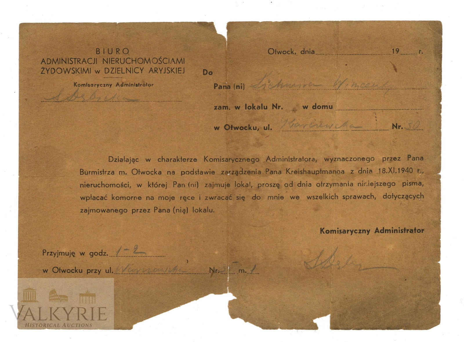 Certificate Rent Jewish Real Estate Admin OTWOCK: Certificate written in Polish previous to the German occupation about paying a rent for Jewish Real Estate administration office in Arian district in Otwock (Poland). Some damage to a corner and edges