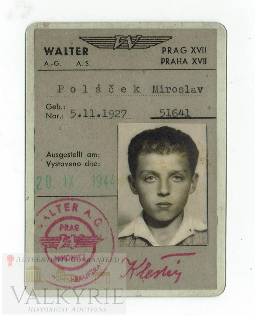 Walter AG Czech Factory Pass to Czech Boy 1944: Walter AG Czech factory access pass issued in 1944 to a very young slave laborer from Czech Republic. It comes laminated and with photo of the boy. Ausweis is in excellent condition. This factory was 