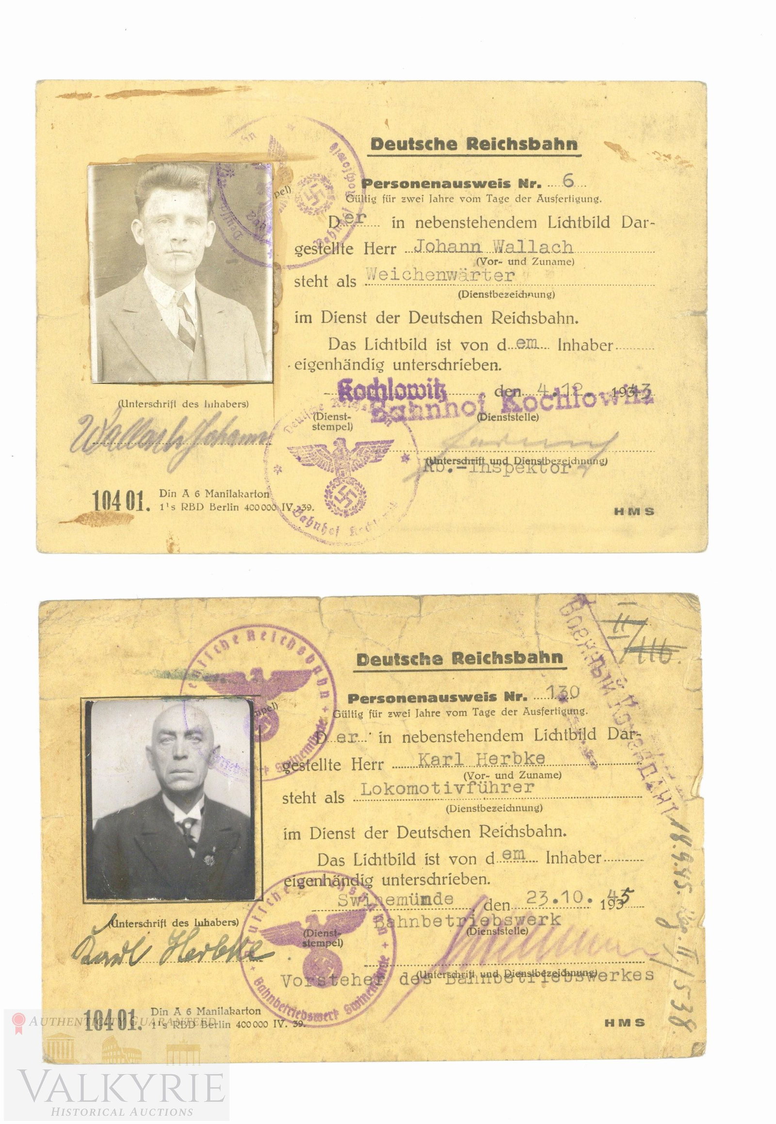 2 Ausweise to 2 Workers of Deutsche Reichsbahn 1943-45: 2 Ausweise issued by Deutsche Reichsbahn workers. One was issued to a German man who worked as Switchman in train stations and was from Kochlowitz in occupied Poland. It comes with photo of the man. T