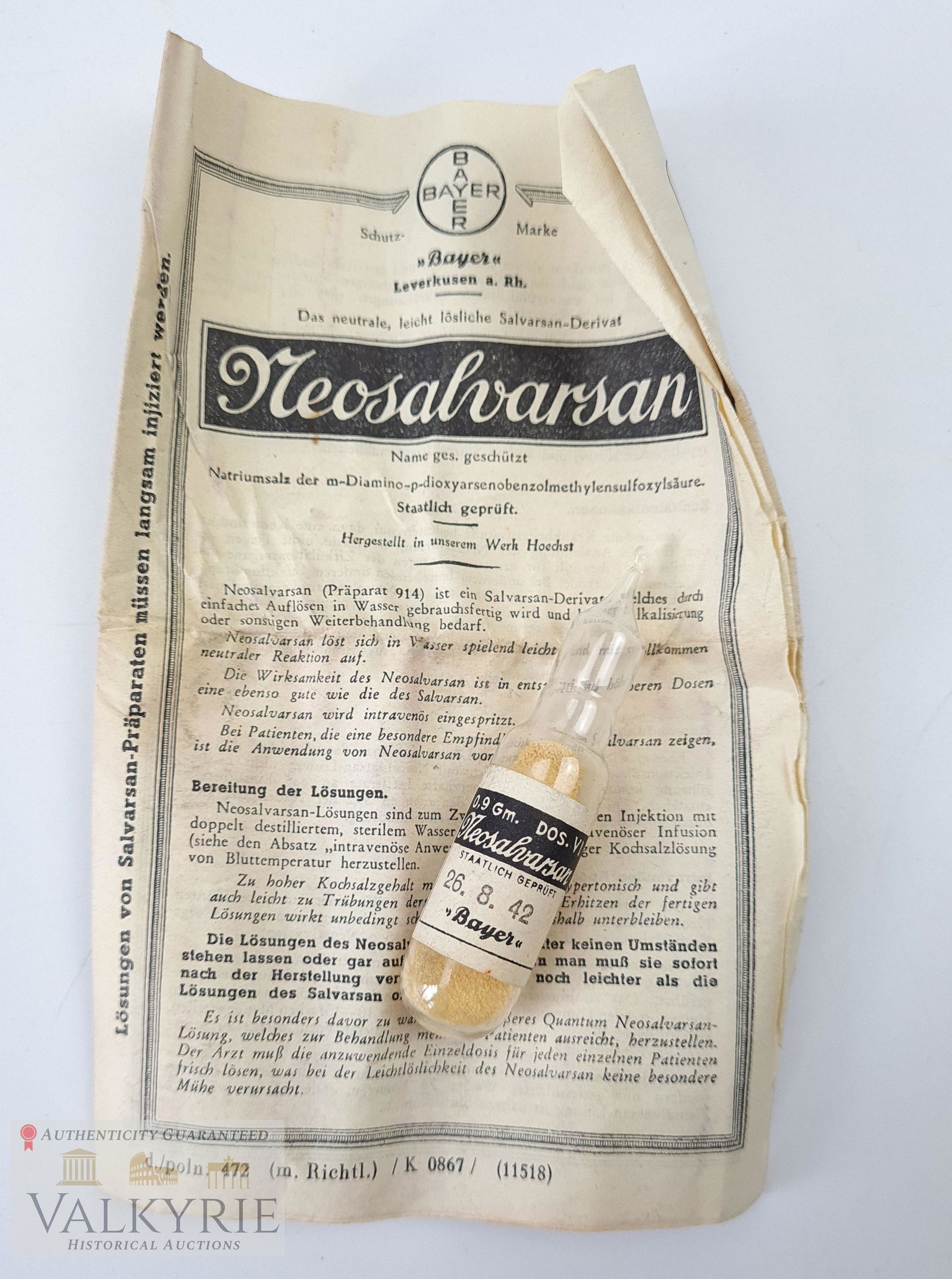 3 Reich - Cure for Syphilis 1942 - Bayer: Full glass of Neosalvarsan produce by IG Farben Bayer company in Levercusen. This bottle find in old farmacy in Poland and was never open. Produce in 1942.The drug after 80 years is no longer active b
