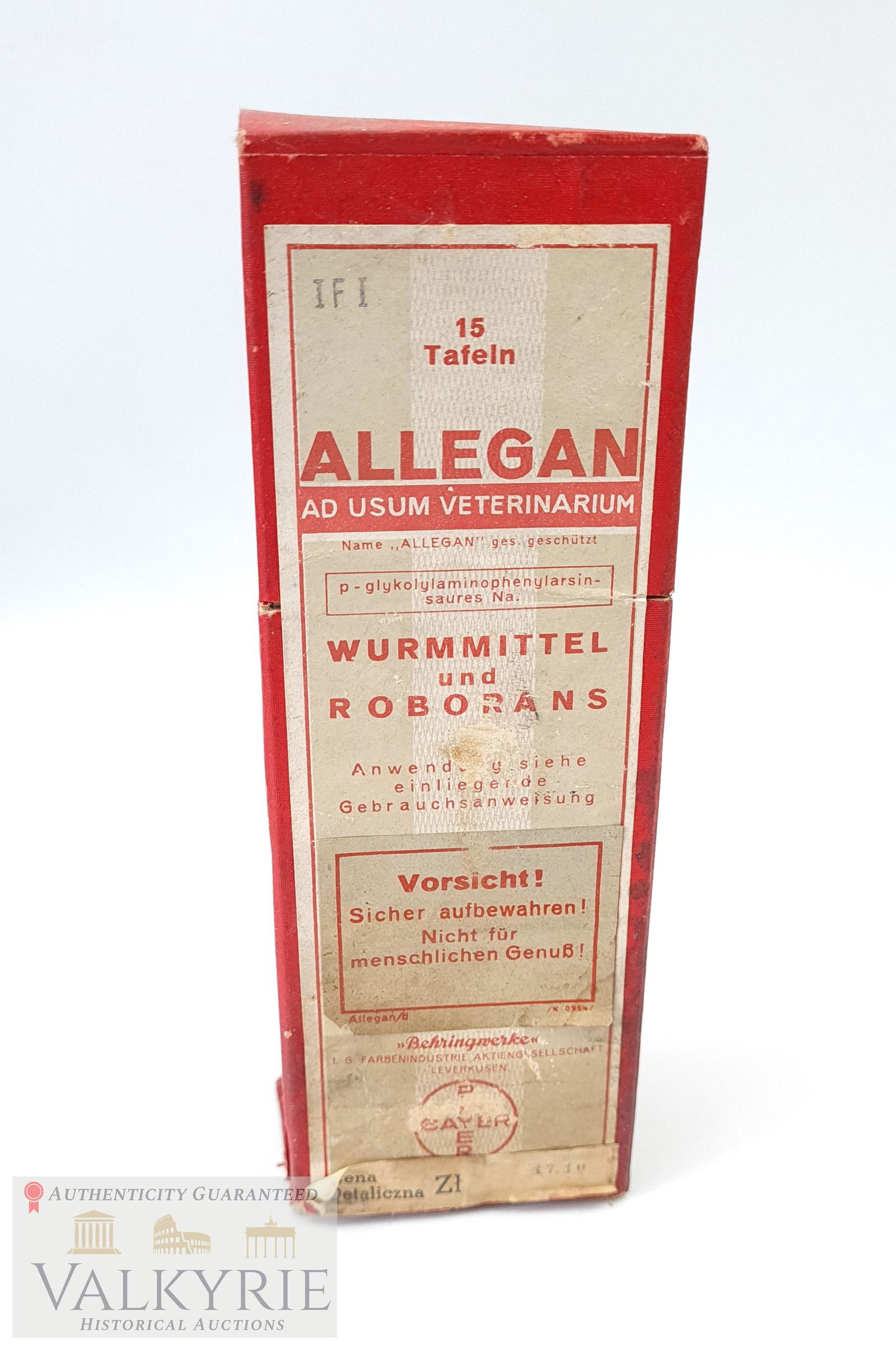 III Reich Period Bayer Manufactured Allegan Box: III Reich period Bayer company manufactured Allegan product box. A chemical product with aspartic acid for veterinary purposes. Box is a bit damaged but complete.*******************This lot will be sh