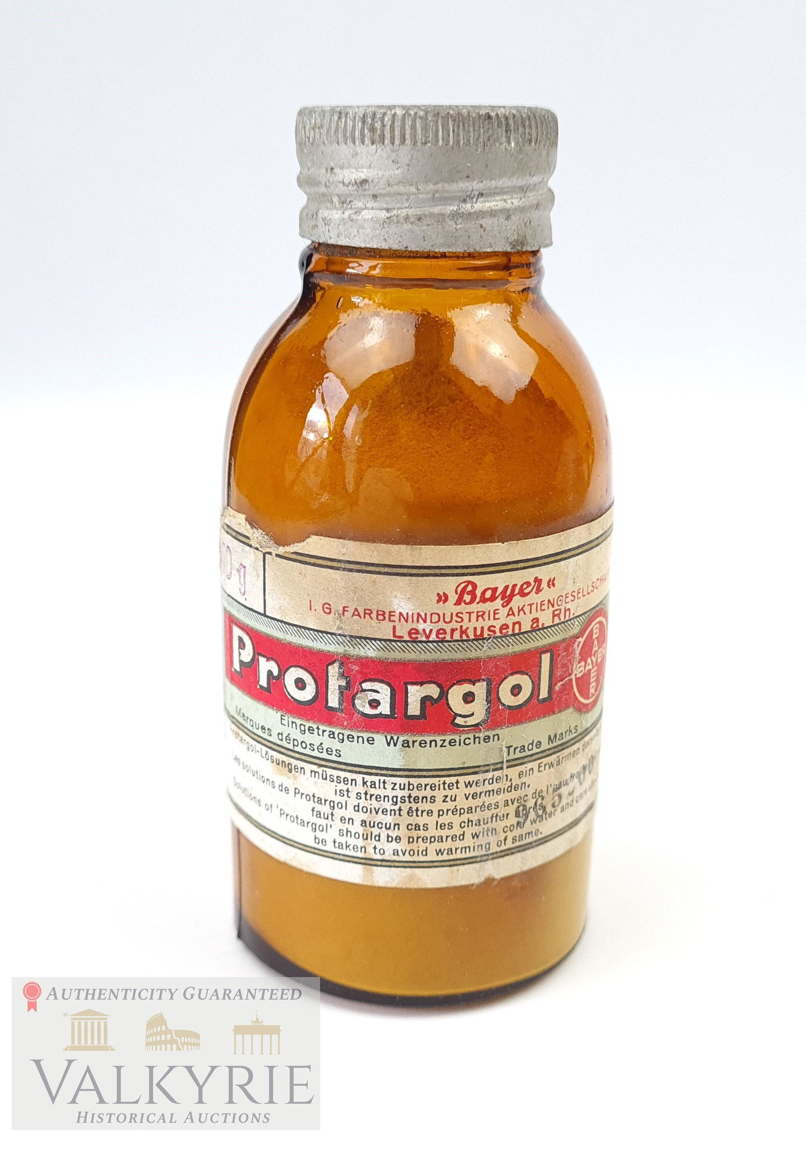 3 Reich - Full Glass of Protalgol - Gonorrhea - Bayer: Full glass of Silver proteinate (brand name: Protargol) produce by IG Farben Bayer company in Levercusen. This bottle find in old farmacy in Poland and was never open. Probably produce around 1940-194