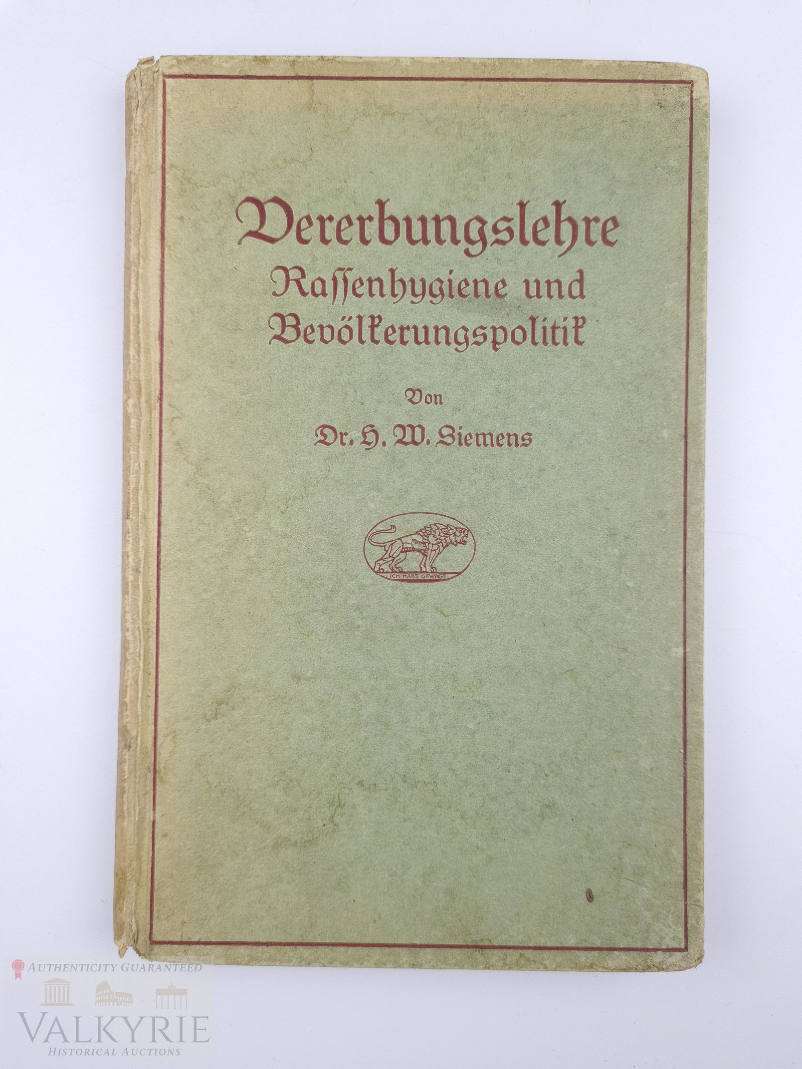 Book "Principles of genetics, race hygiene..." 1942: Book about racial hygiene "GrundzÃ¼ge der Vererbungslehre Rassenhygiene und BevÃ¶lkerungspolitik" (Principles of genetics, race hygiene and population policy) written by Dr. Werner Hermann Siemens