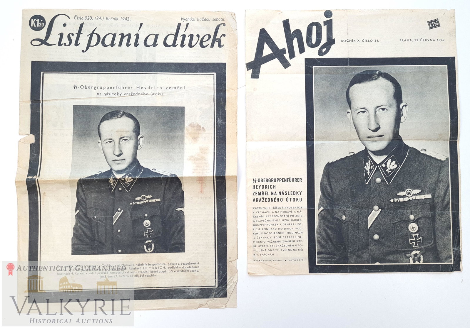 2 Czech Newspapers about Assassiation Reinhard Heydrich: Two newspapers published in Czech Republic. Special issues of "List pani a divek" and "Ahoj" published in 1942 about the assassination of Reichsprotektor of BÃ¶hmen und MÃ¤hren Reinhard Heydrich.*
