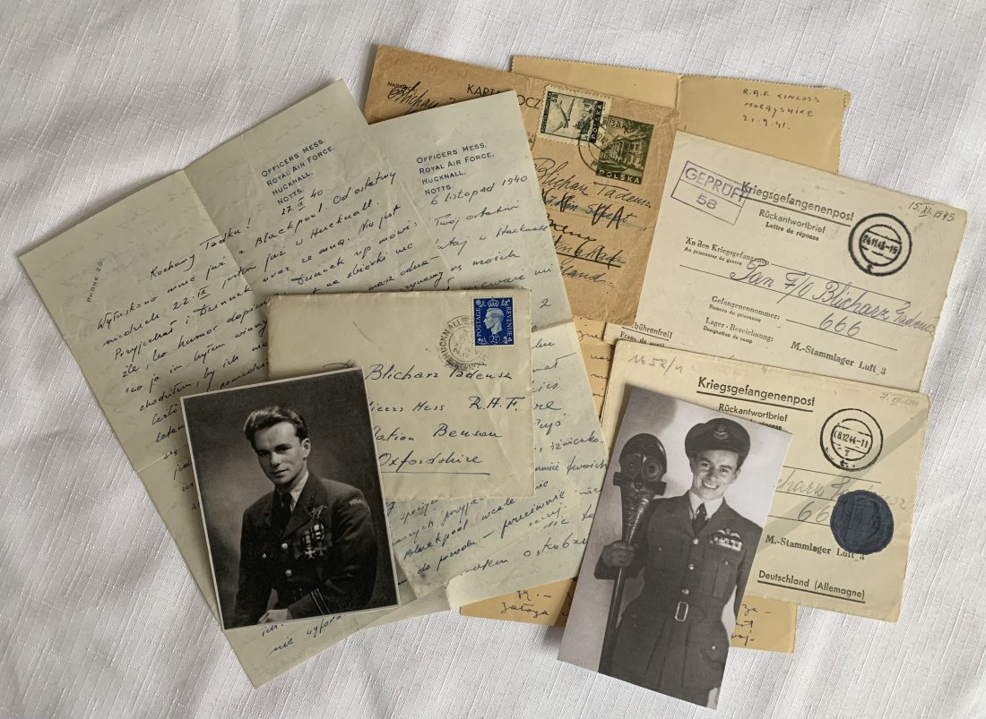 Zagan Stalag Luft 3 aviator with 304 Squadron from 1940: A set of correspondence with copies of a photograph of a Polish aviator Tadeusz Blicharz serving during World War II in the British RAF Air Force in squadron 304. He took part in the Battle of Britain