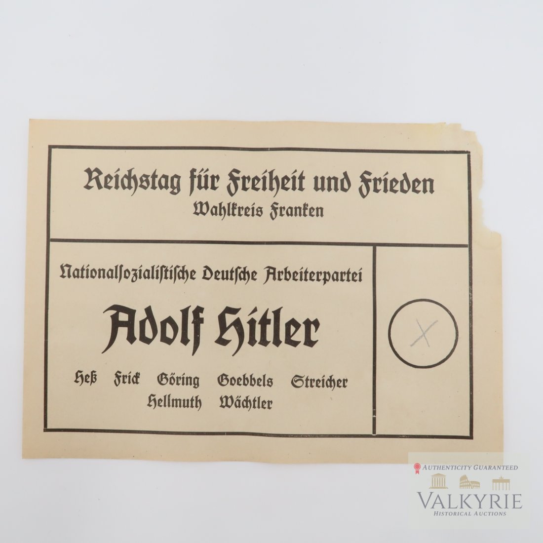 Adolf Hitler Election Ballot 1933: NSDAP ADOLF HITLER ELECTION BALLOT German 1933 Reichstag election ballot for the constituency Cologne-Aachen. NSDAP listing candidates Adolf Hitler, Rudolf Hess, Wilhelm Frick, Hermann Goering, Joseph