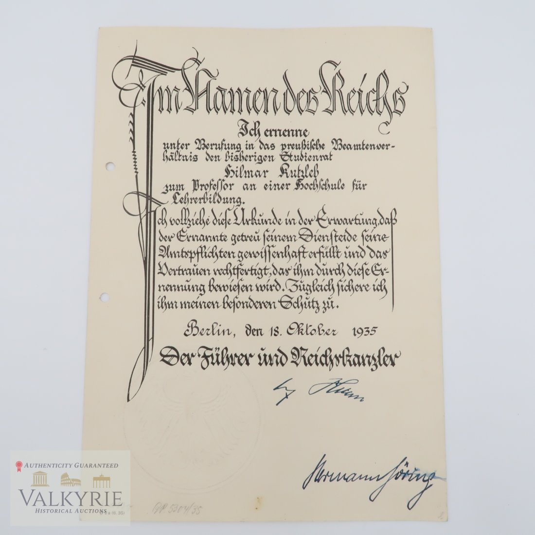 Hermann Goering Signed Promotion Document: Hermann Goering Signed Promotion Document. Goering has signed in blue ink at the bottom right and the Hitler signature is a facsimile.