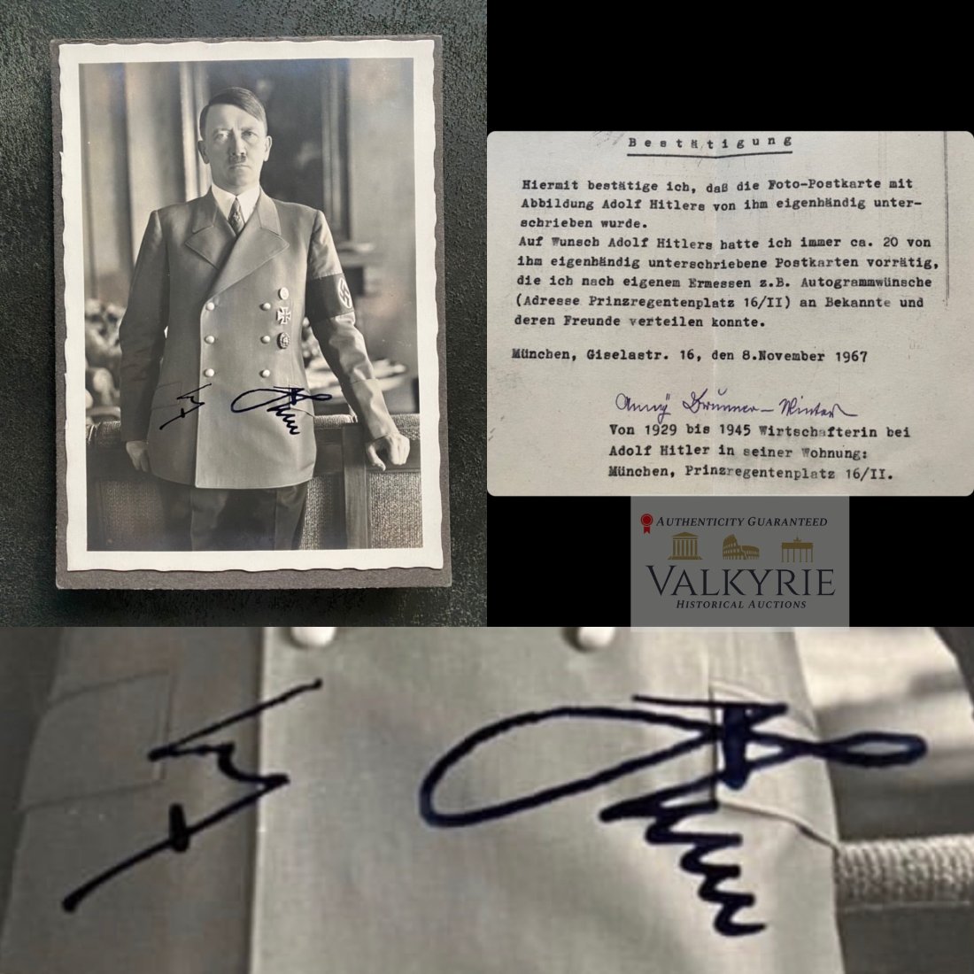 Adolf Hitler Signed Photograph + Housekeeper Provenance: Postcard with original ink signature of Adolf Hitler along with a signed letter from Anni Winter, the personal housekeeper of Hitler's Munich apartment from 1929-1945. She was very close with him, and