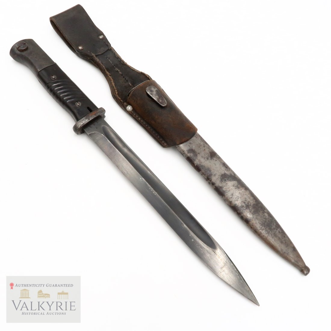 WWII German Matching K98 Bayonet with Leather Frog: WWII German Matching K98 Bayonet with Leather Frog. Marked 43 crs. Original good used condition.