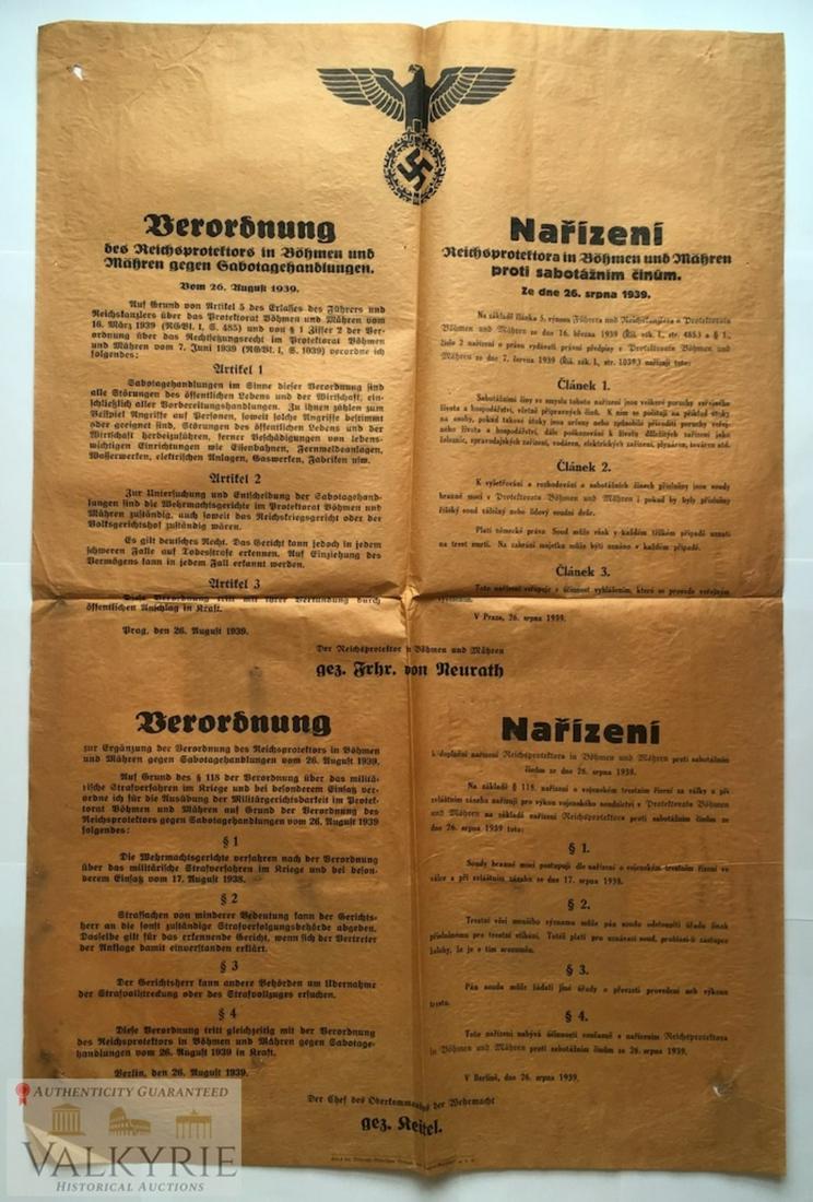 3 Reich- Czech Poster Informations Against Sabotage: Huge poster "Verordnung" poster "signed" by Neurath and Keitel, with informations against sabotage actions, ca 94x62,5cm Shipping from our office in Europe.